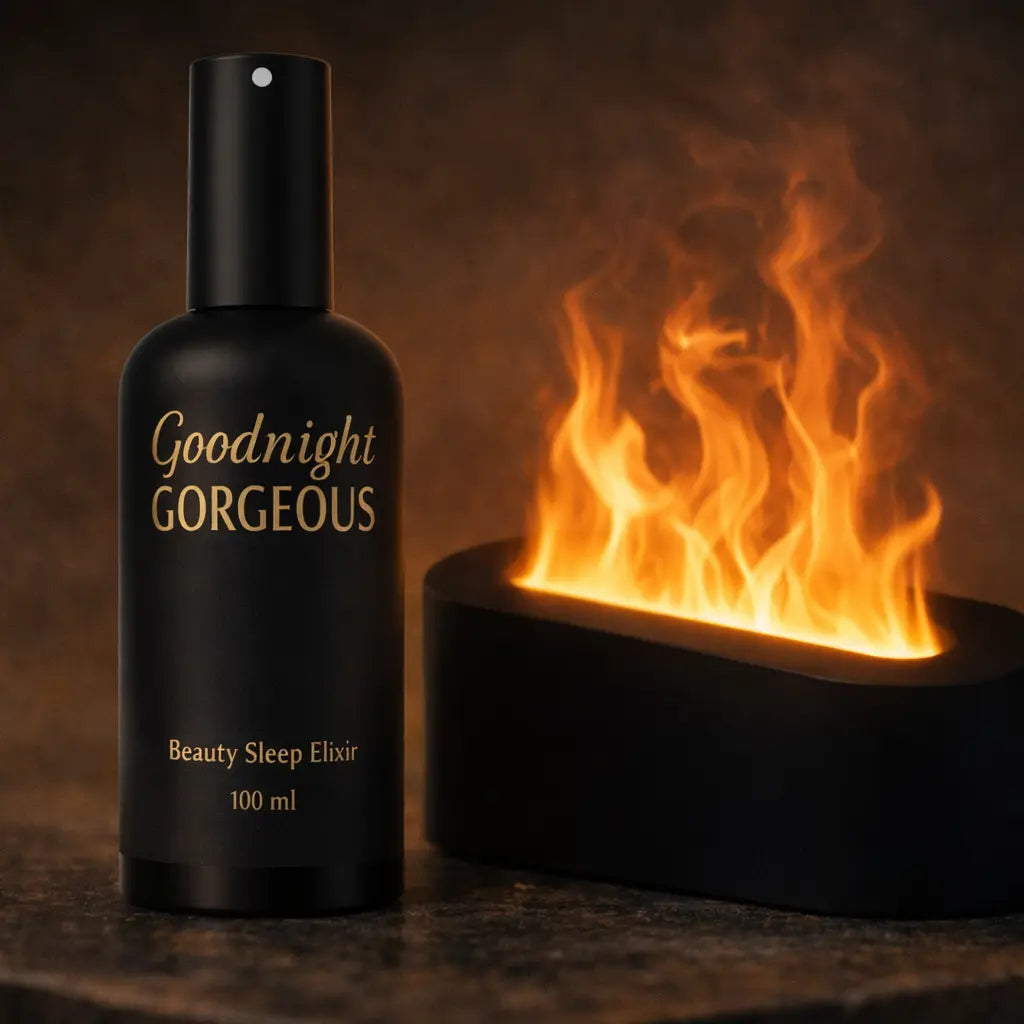 Black bottle labeled 'Goodnight Gorgeous' with flameless oil burner