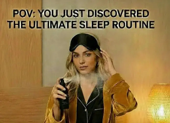 Person using a sleep aid product with promotional text and offer details on a separate panel.