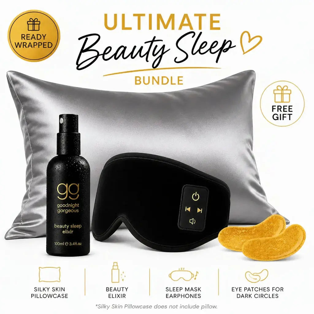 black bottle beauty sleep elixir, sound asleep mask, under eye gold patches, grey silky pillowcase 70% off offer