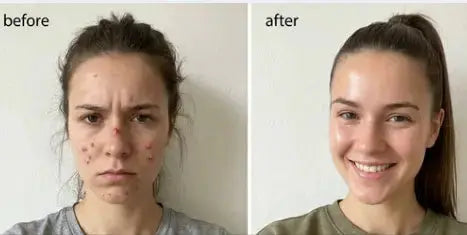 Before and after comparison of a woman's face with a promotional offer for an overnight glow-up product.