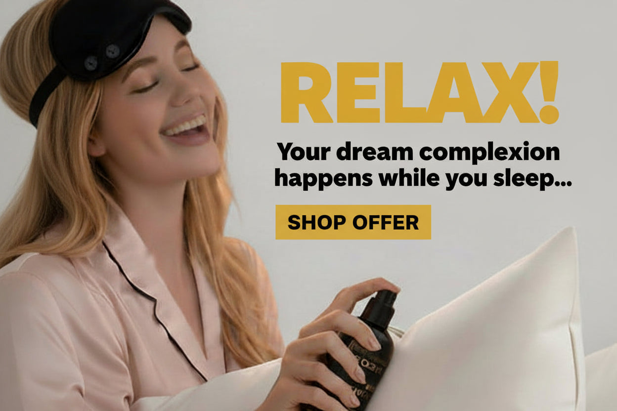 Woman spraying with 'Goodnight Gorgeous' beauty elixir on a pillowand promotional text on a pink background