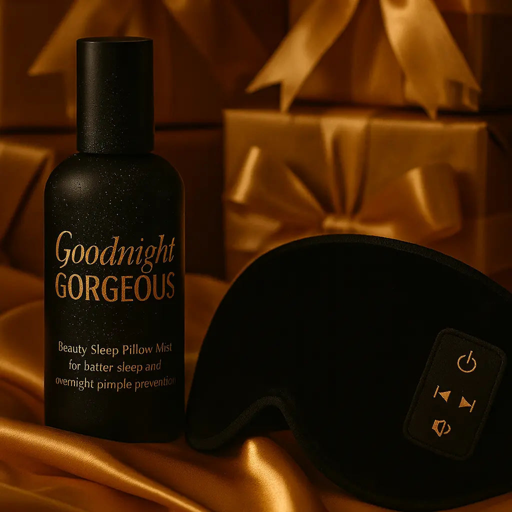 Goodnight Gorgeous beauty sleep pillow mist bottle with black sleep mask on satin fabric with gold bows in the background