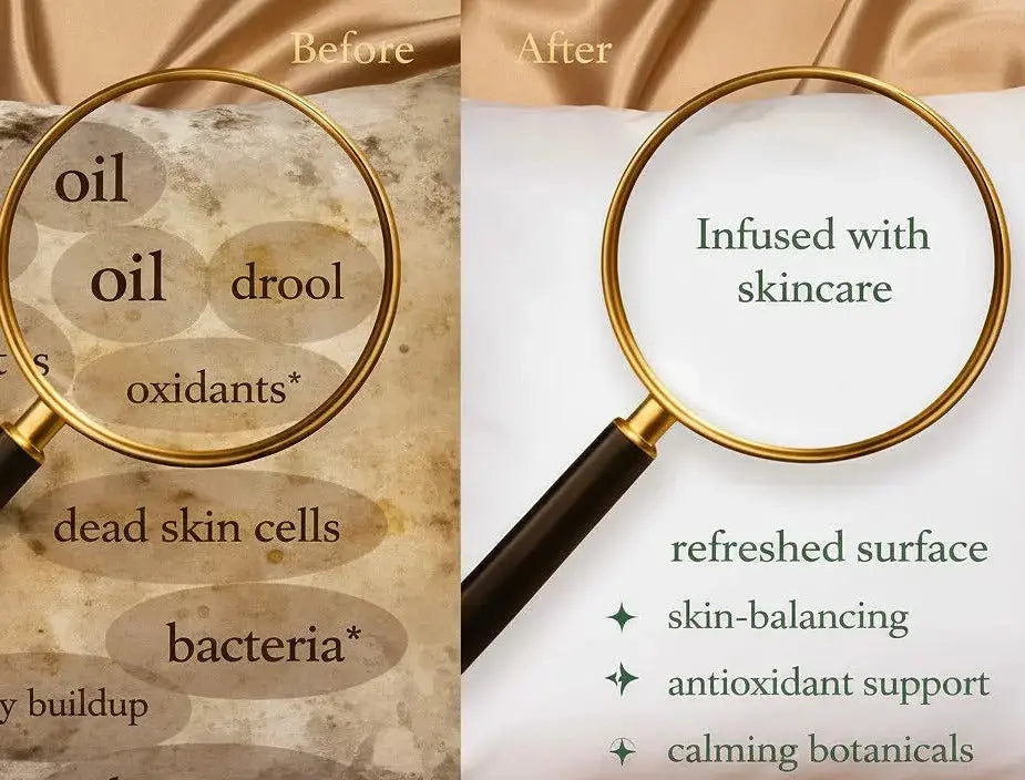 Before and after comparison of a pillow with magnifying glass highlighting skincare benefits.