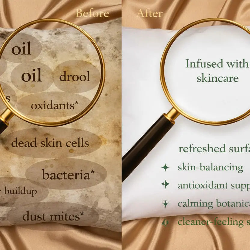 Before and after comparison of a pillow with magnifying glass highlighting skincare benefits.