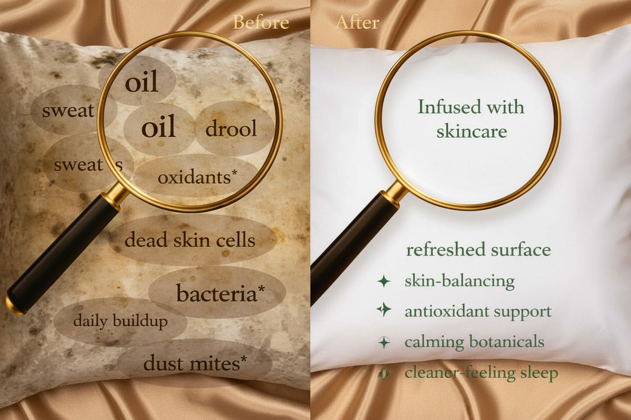 Before and after comparison of a pillow with magnifying glass highlighting skincare benefits.